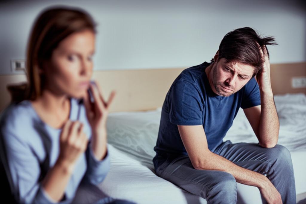 Illustration of a tired man sitting on a bed after intimacy, looking frustrated, with a partner looking concerned in the background. Style: Realistic, slightly moody lighting.