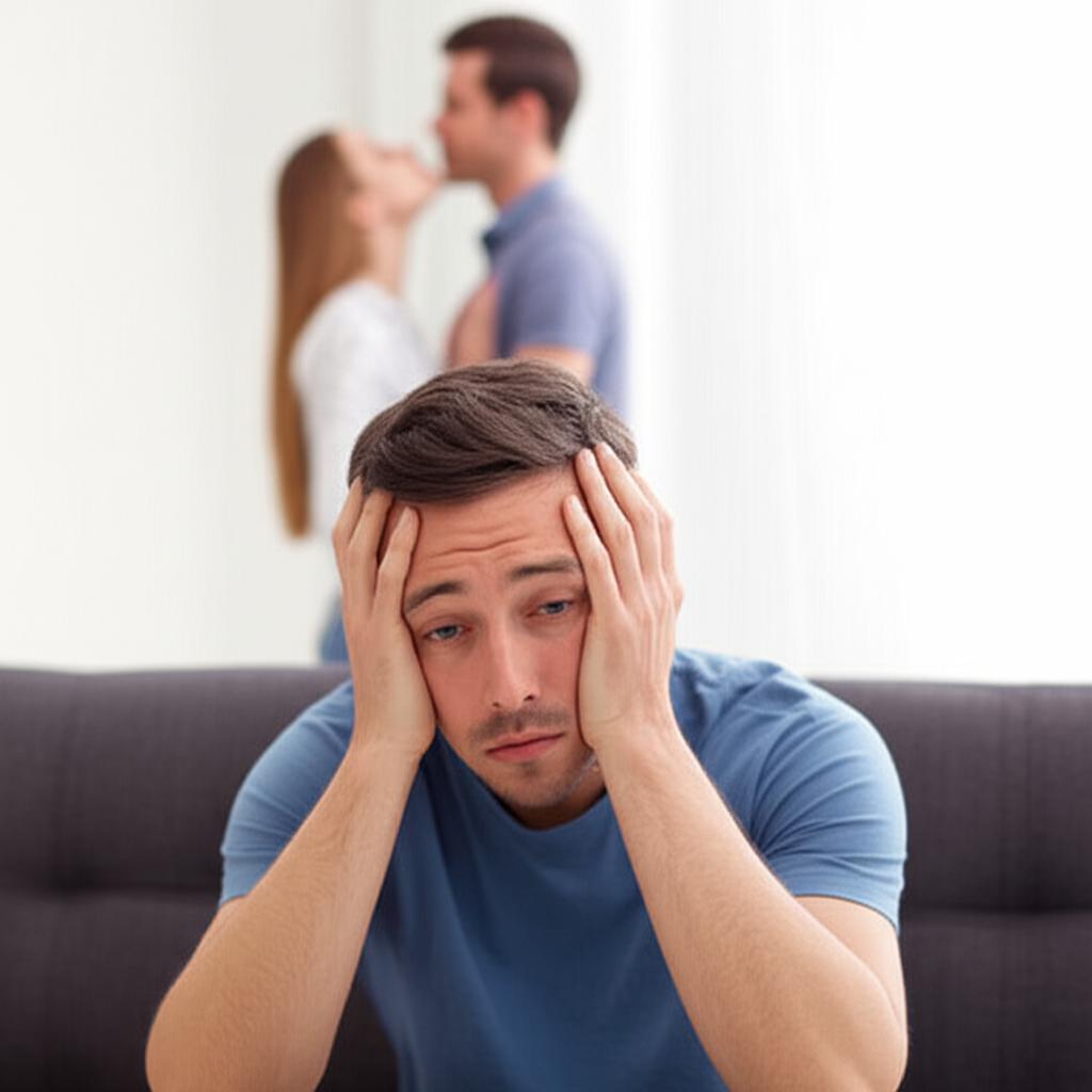 A man sitting alone on a sofa looking stressed, with a blurred image of a couple in the background, conveying relationship stress.