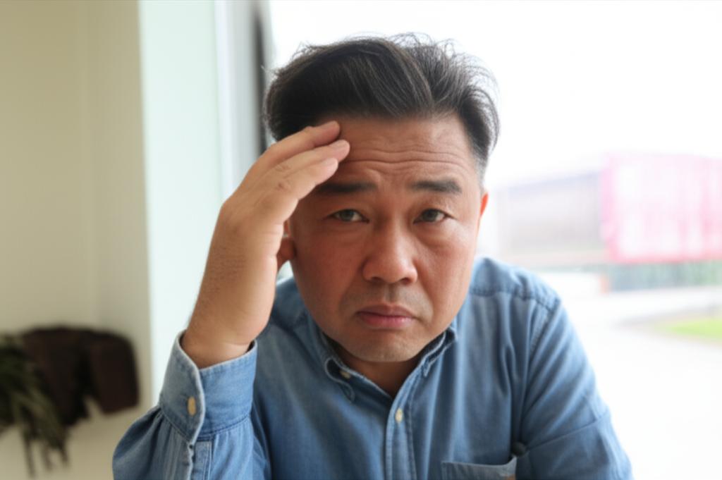a middle-aged asian man looking tired and stressed, sitting alone, feeling frustrated