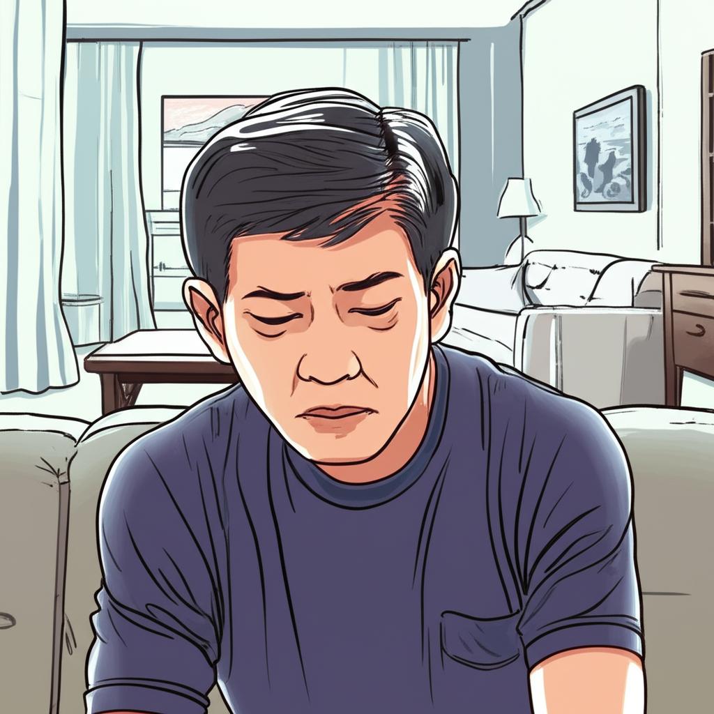 ai prompt: illustration of a tired middle-aged asian man sitting on a sofa, looking stressed, singapore apartment background, realistic style
