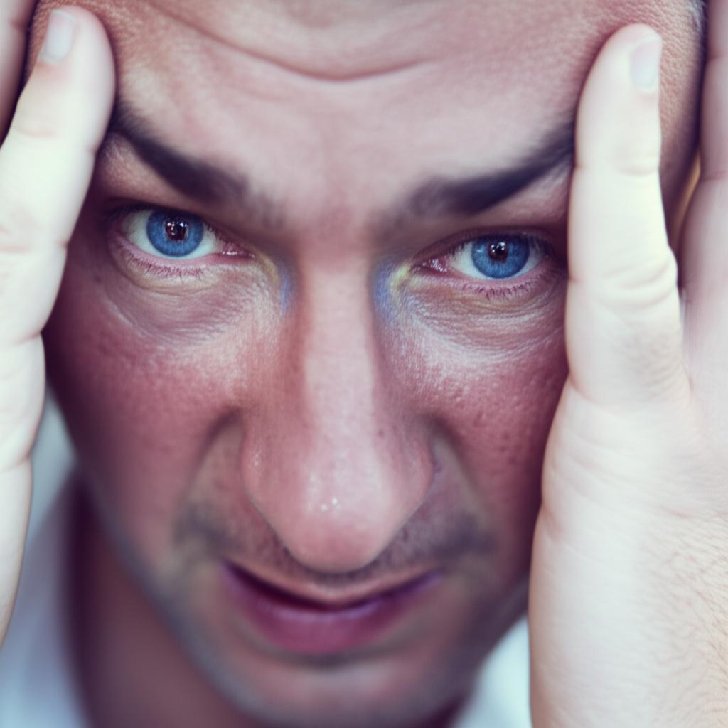man experiencing headache and blurred vision, frustrated, slightly desaturated colors
