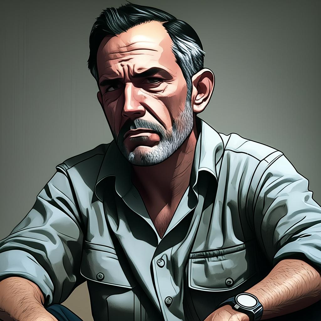 A middle-aged man looking tired and frustrated, sitting alone, muted colors, realistic style
