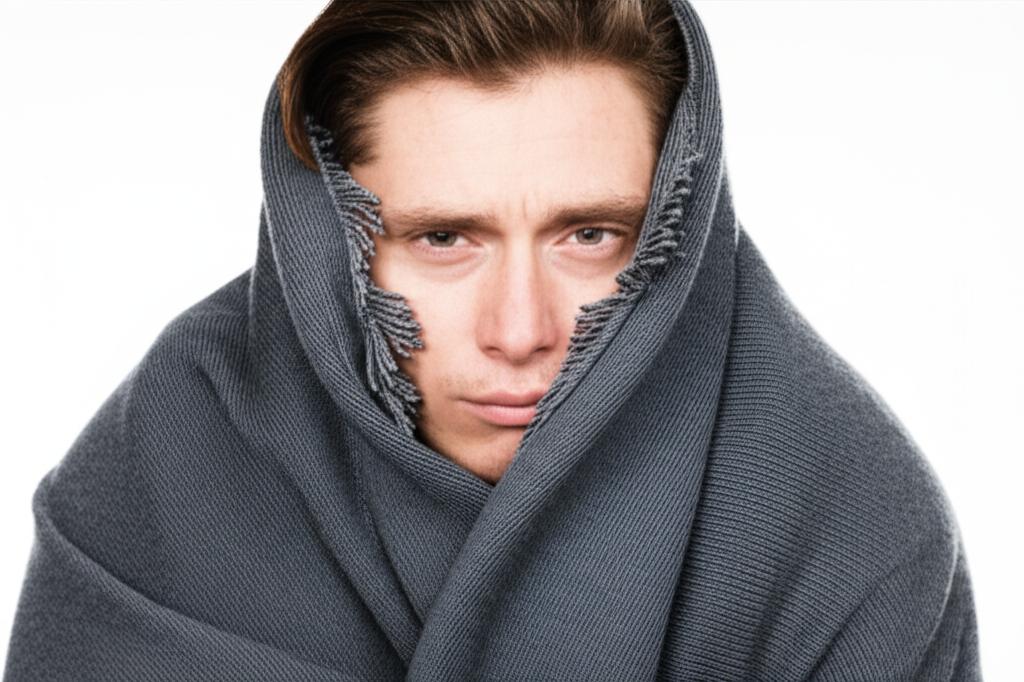 Man feeling cold and tired, looking weak