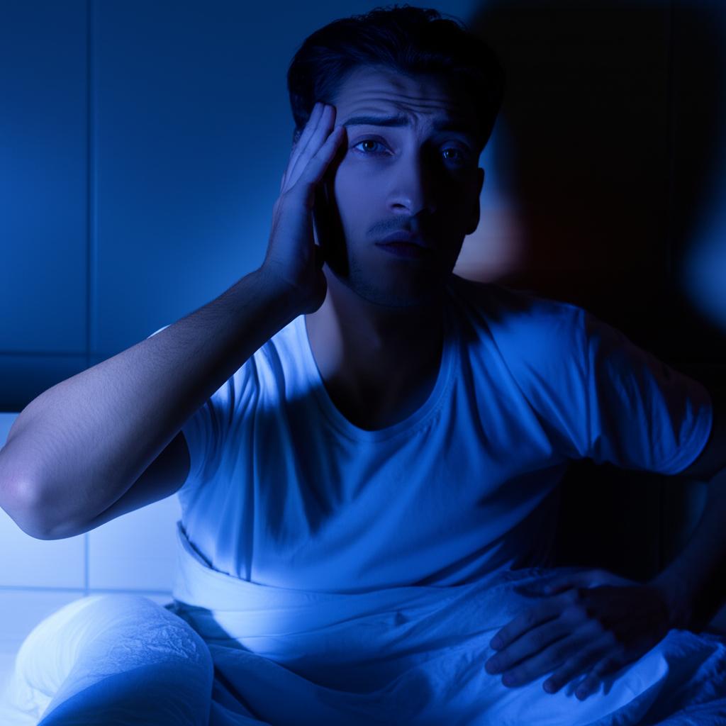 man waking up at night to urinate looking tired