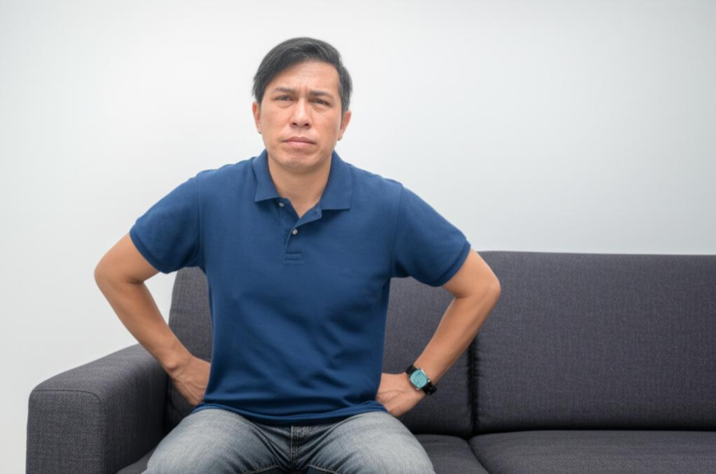 A middle-aged Asian man sitting on a sofa, looking tired and holding his lower back, in a typical Singaporean home setting. --ar 16:9 --v 6.0