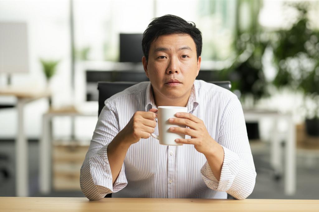 ai prompt: tired asian man in his 40s sitting at a desk in singapore office, holding a coffee mug, looking exhausted and stressed, realistic photo