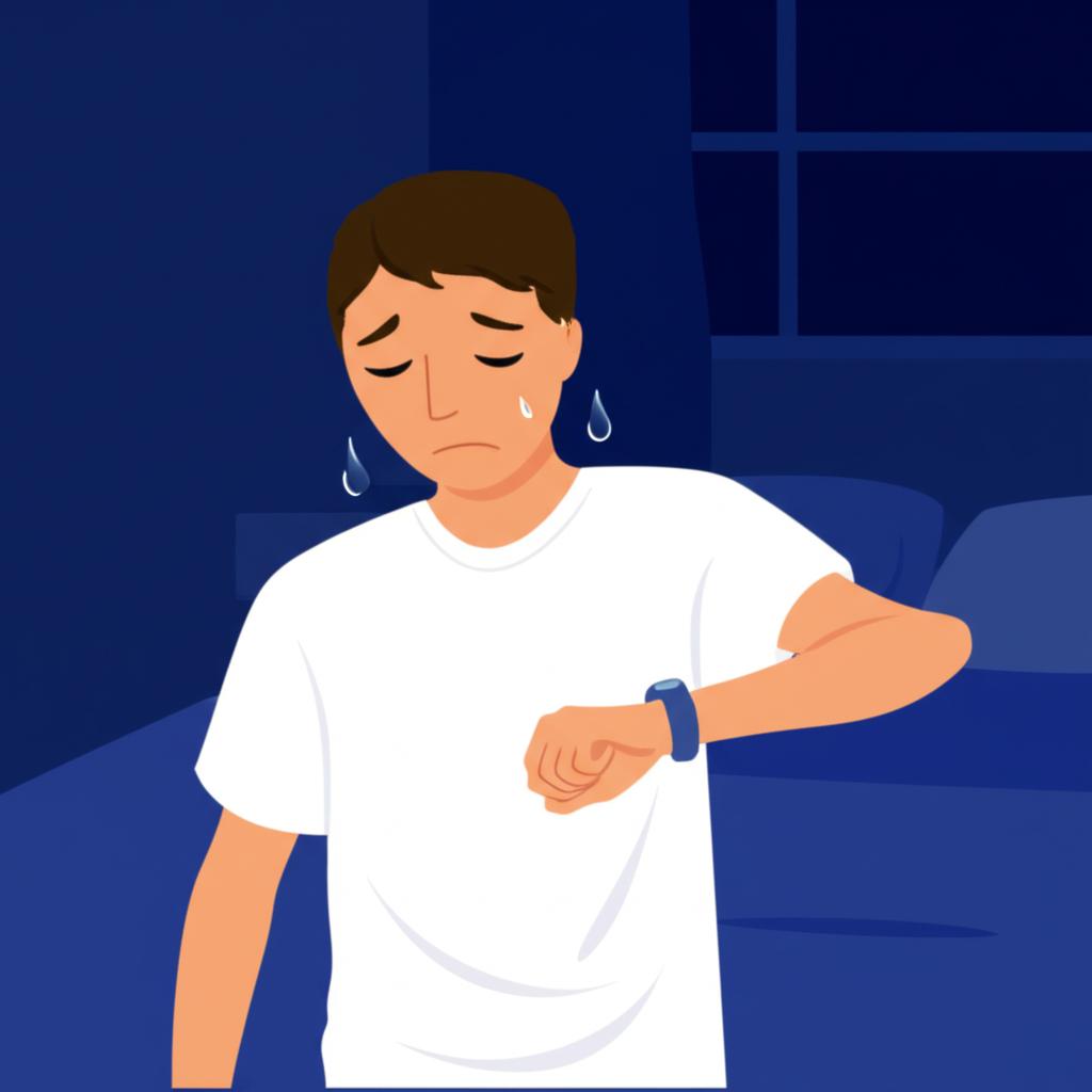 illustration of a man looking tired and checking his watch at night, suggesting frequent urination issues