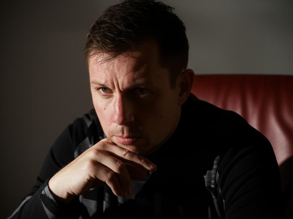 A man looking stressed and tired, sitting alone in a room with dim lighting, contemplating his worries. Focus on conveying anxiety and fatigue.