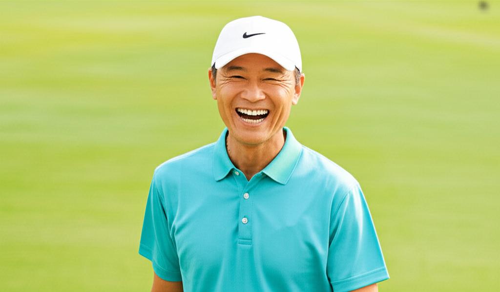 Smiling middle-aged asian man looking energetic and healthy, possibly playing golf or doing a light outdoor activity, symbolizing improved quality of life. realistic photo.