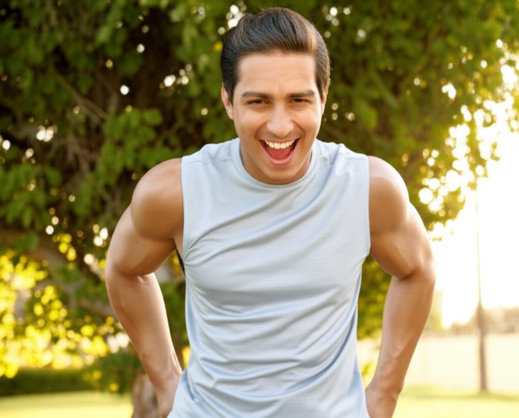 Energetic man smiling and exercising outdoors
