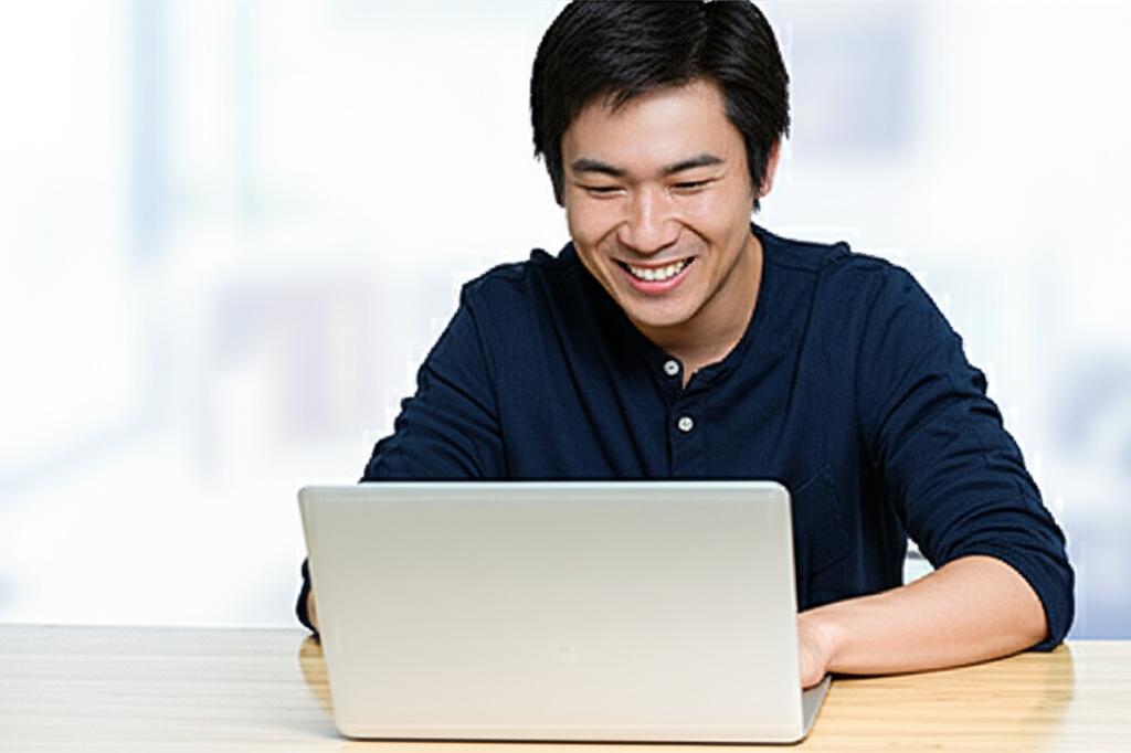 ai prompt: relieved and happy asian man sitting comfortably at a desk, smiling while working on a laptop