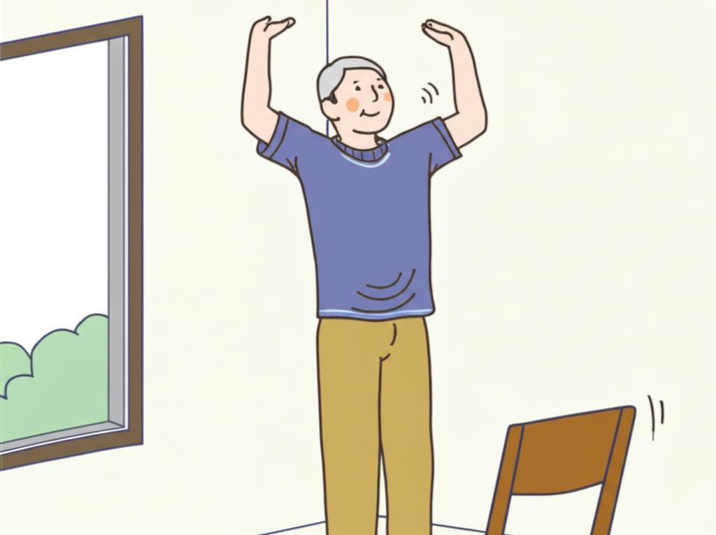 Middle-aged man doing simple stretches and standing up from a chair, looking relieved and active, illustration