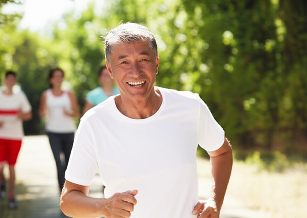 Middle-aged man smiling and active, perhaps playing with family or exercising outdoors.