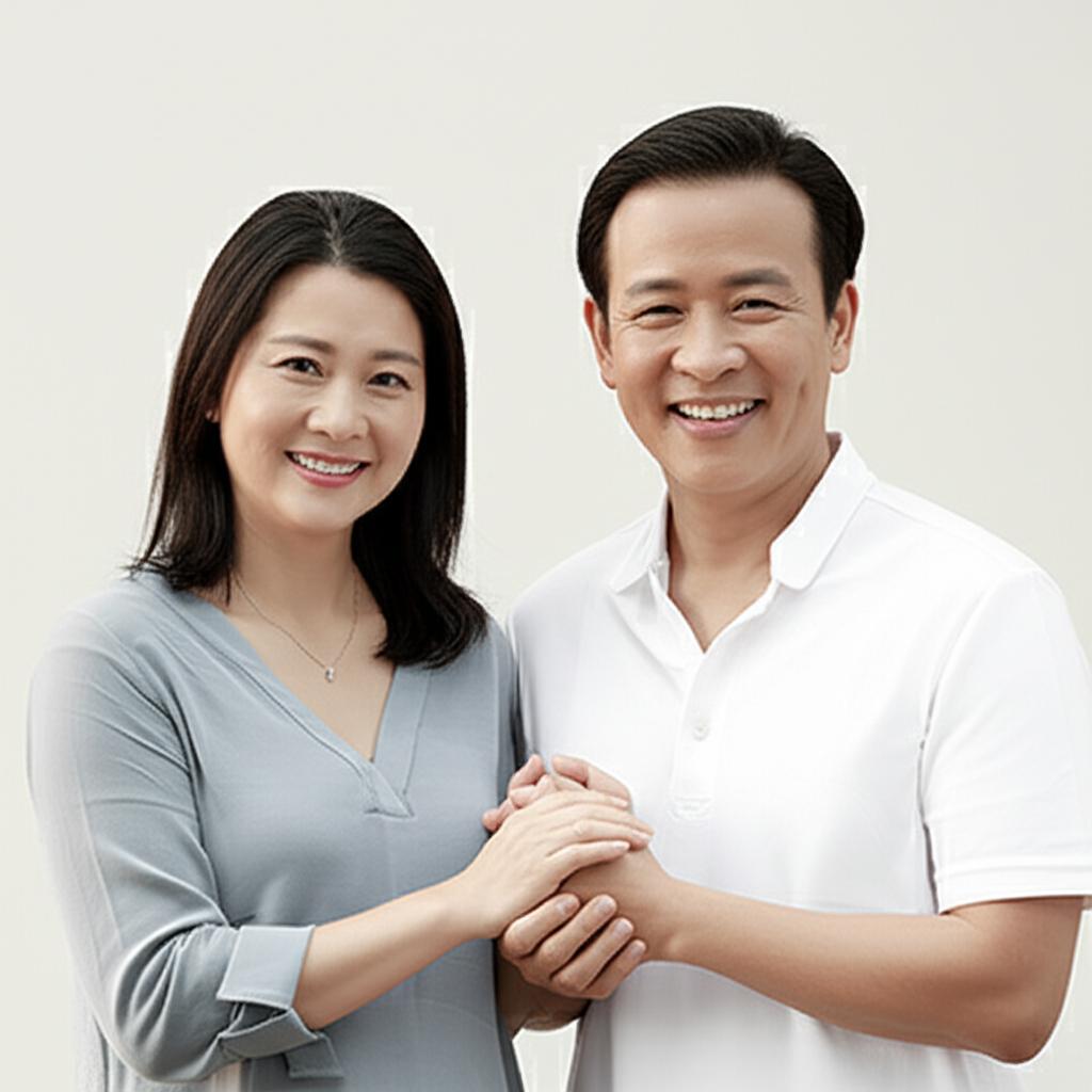 Happy middle-aged asian couple smiling and holding hands, warm and intimate atmosphere, realistic photo