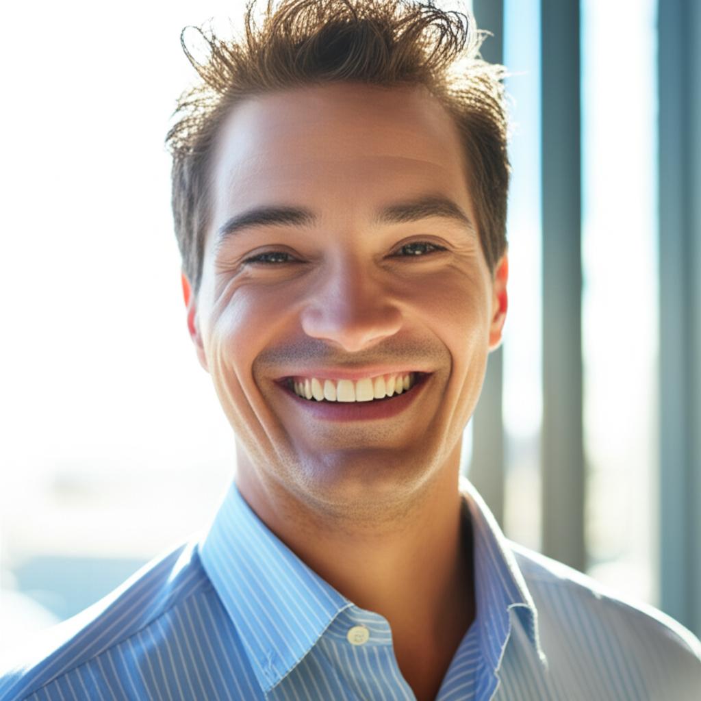Man smiling confidently, feeling energetic, sunlight streaming in, realistic photo
