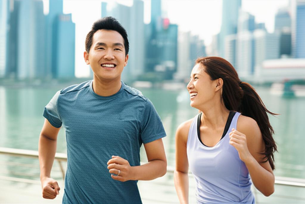 Realistic photo of a man in Singapore looking more energetic and confident, perhaps exercising lightly or spending quality time with his partner happily.