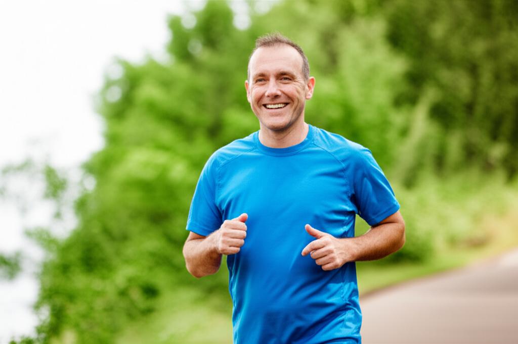 A man smiling confidently, looking energetic, perhaps jogging or engaging in a hobby, showing improved vitality.