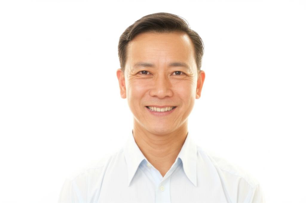 a middle-aged asian man smiling confidently, looking energetic and healthy