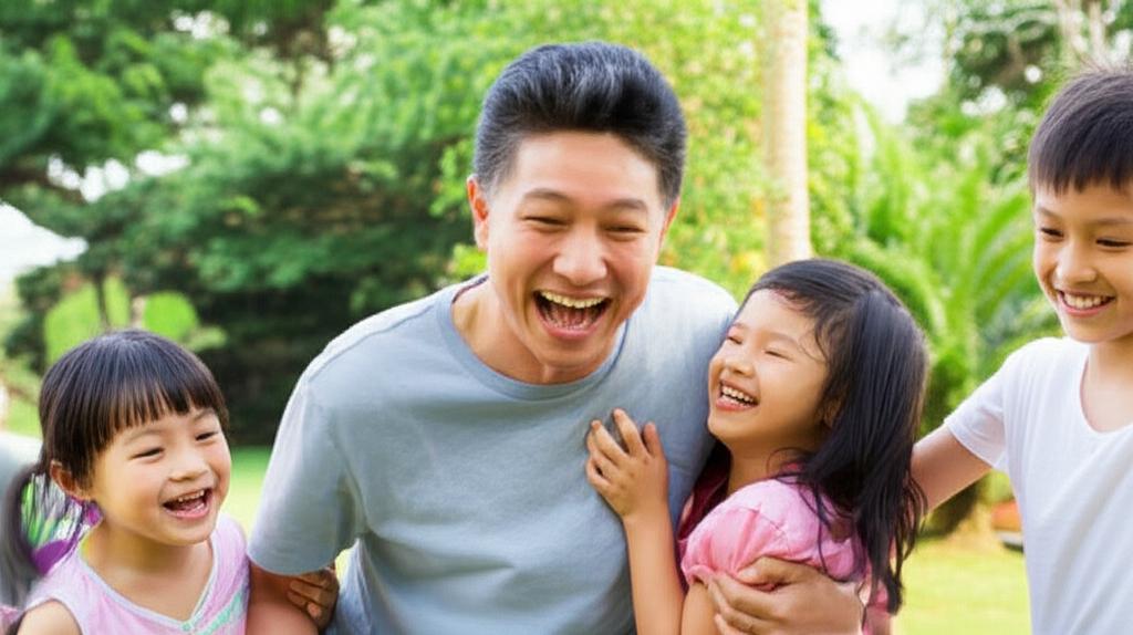 ai prompt: illustration of a middle-aged asian man smiling and playing with his children or grandchildren, looking energetic, singapore park background, realistic style