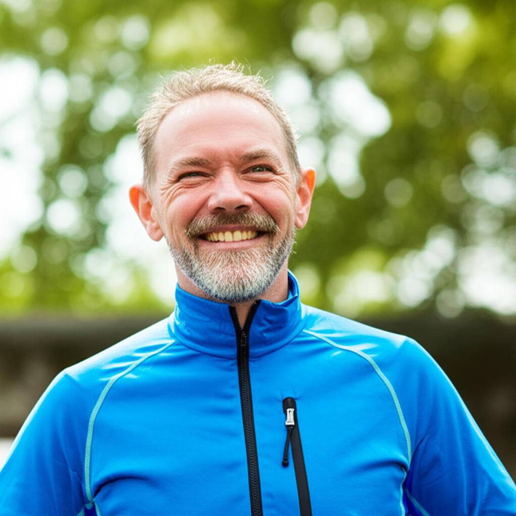 middle-aged man looking energetic and happy outdoors