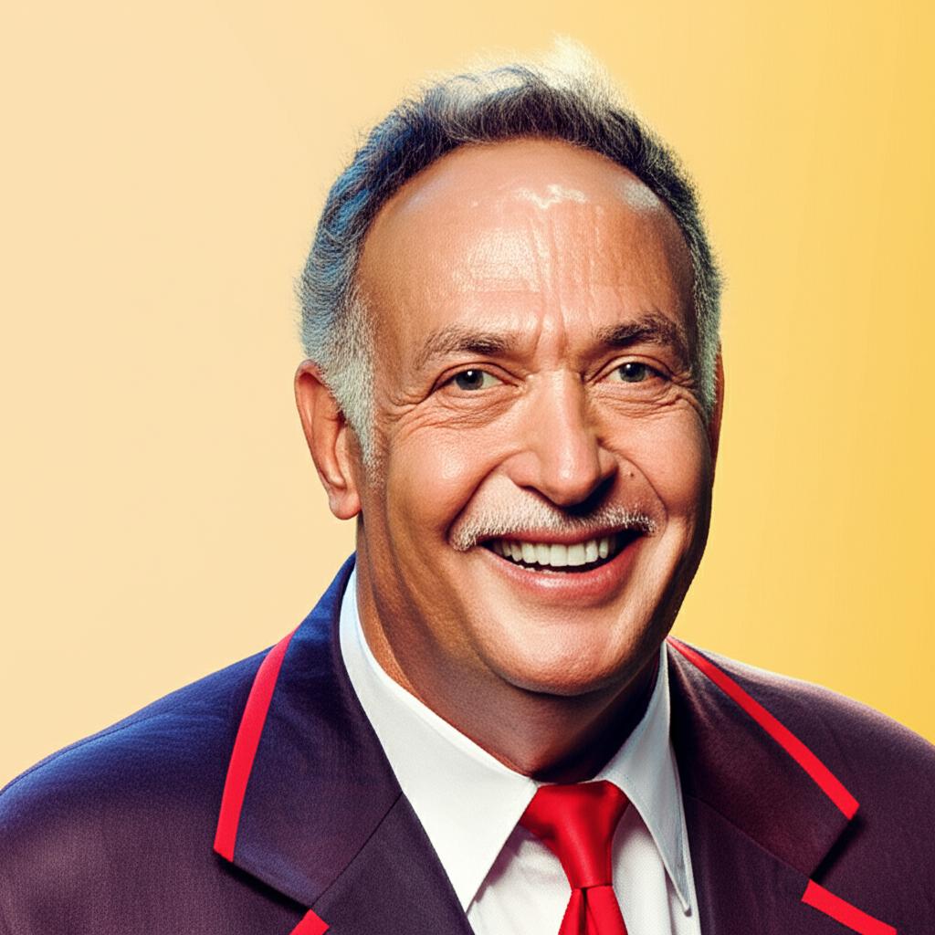 A middle-aged man smiling confidently, looking energetic, vibrant colors, realistic style