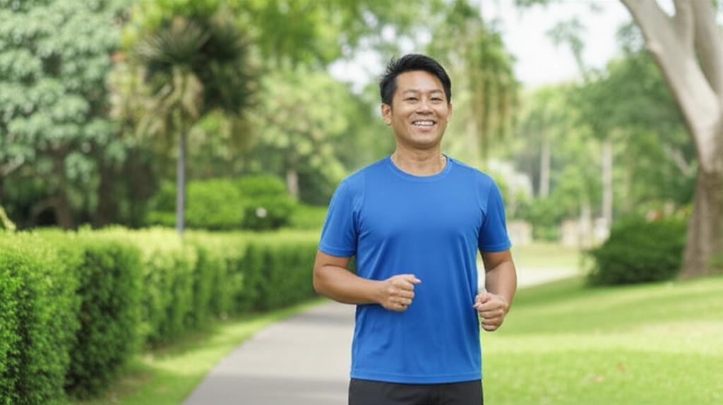 A happy middle-aged Asian man in Singapore enjoying a walk in a park, looking energetic and healthy. --ar 16:9 --v 6.0