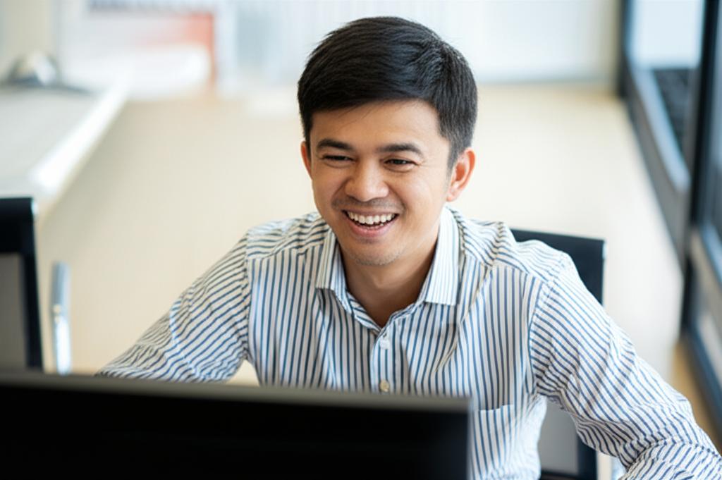 ai prompt: asian man in his 40s smiling and looking energetic, working efficiently at a desk in a modern office in singapore, realistic photo
