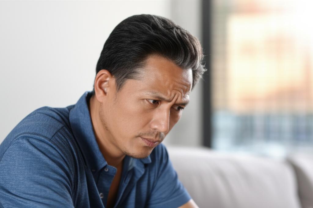 Middle-aged man looking thoughtful and slightly concerned, sitting alone, representing worries about declining vitality