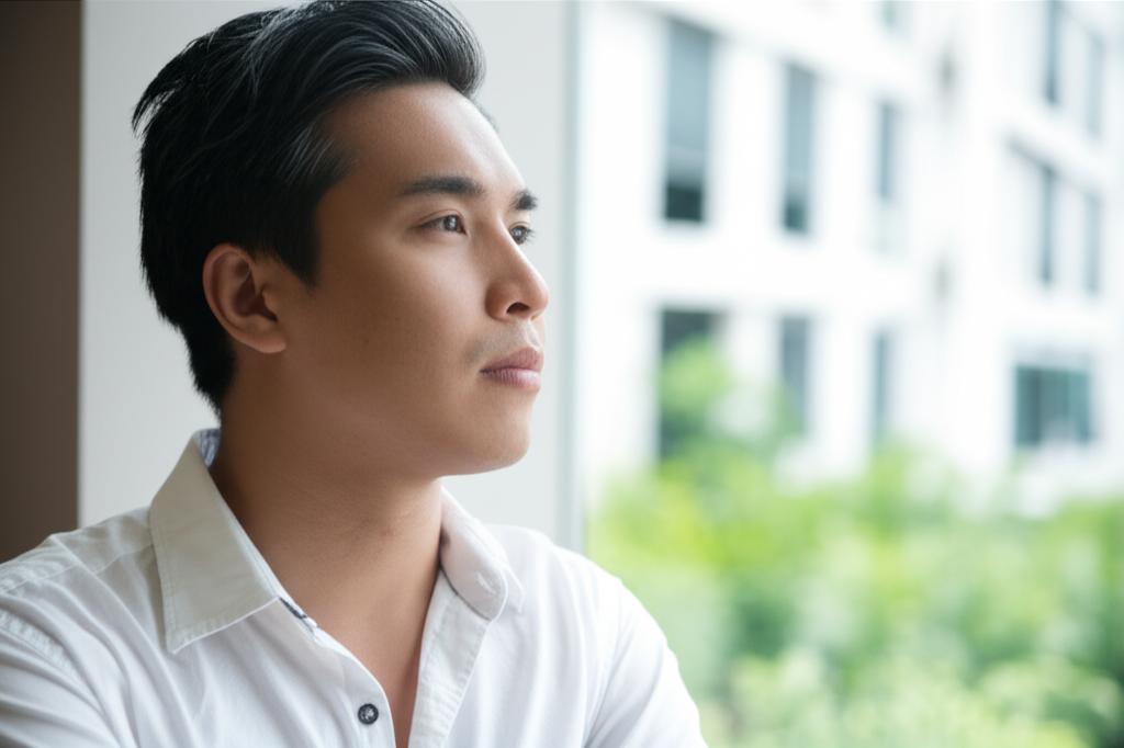 A thoughtful Asian man in Singapore looking out a window, contemplating health and vitality