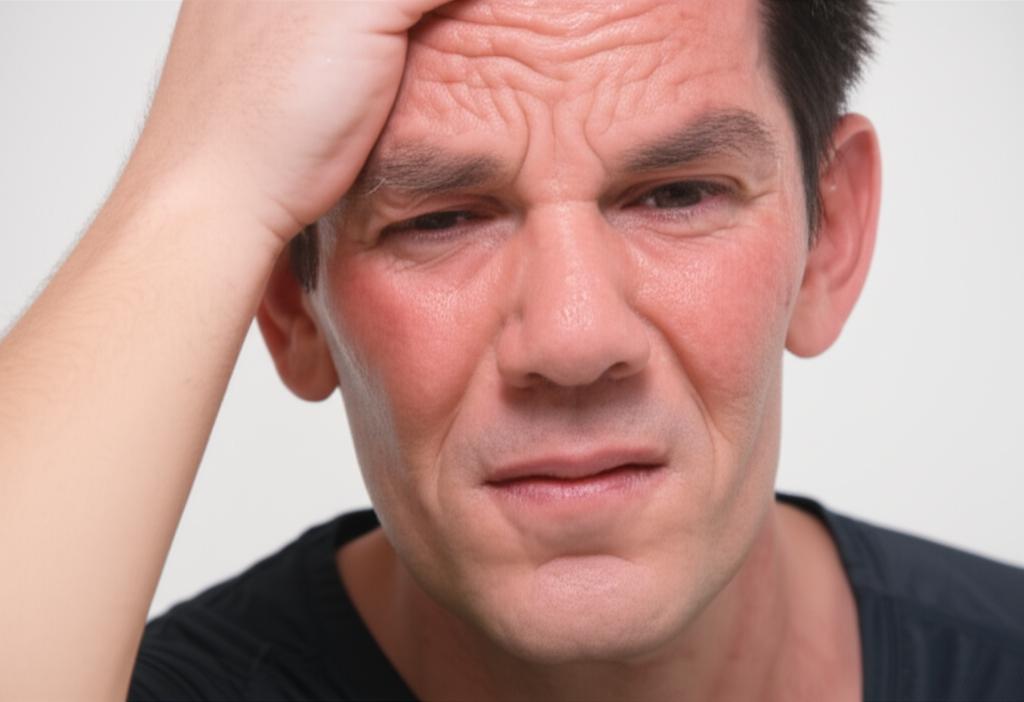 Man looking tired and slightly dizzy after exertion, feeling frustrated