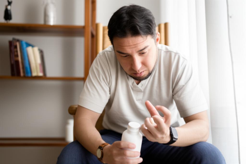 man feeling tired and weak, sitting on a chair, looking stressed and holding medication