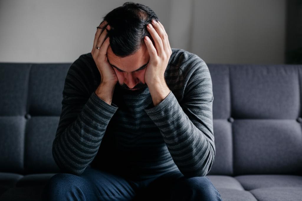 A man sitting on a sofa looking tired and stressed, holding his head in his hands, dim lighting, indoor setting, realistic photo