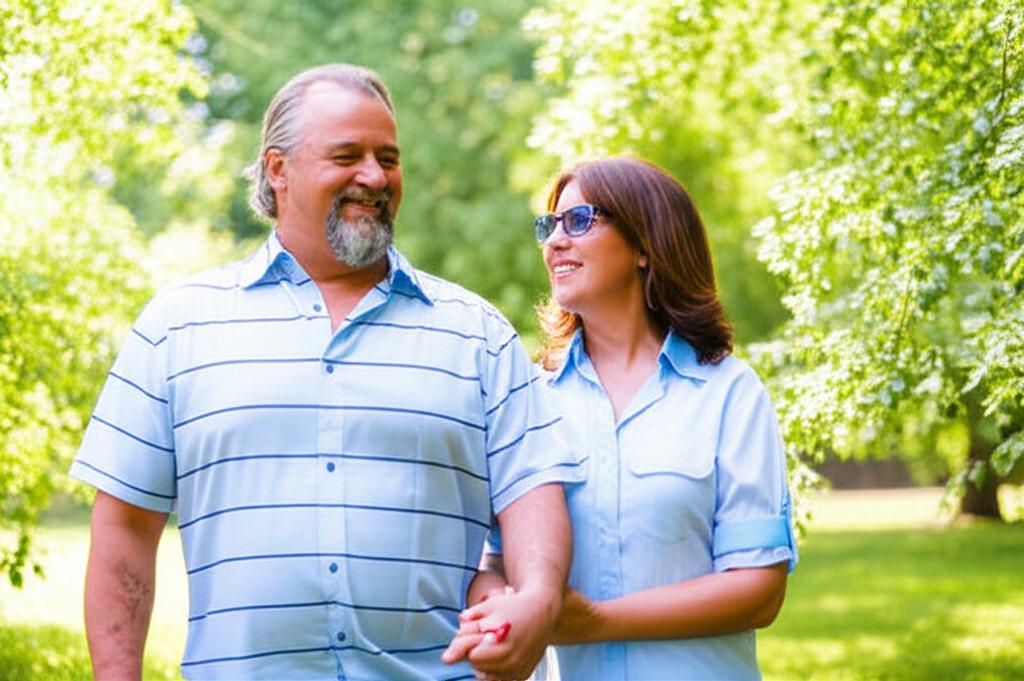 Smiling middle-aged man and woman walking hand-in-hand in a park, representing renewed intimacy and happiness