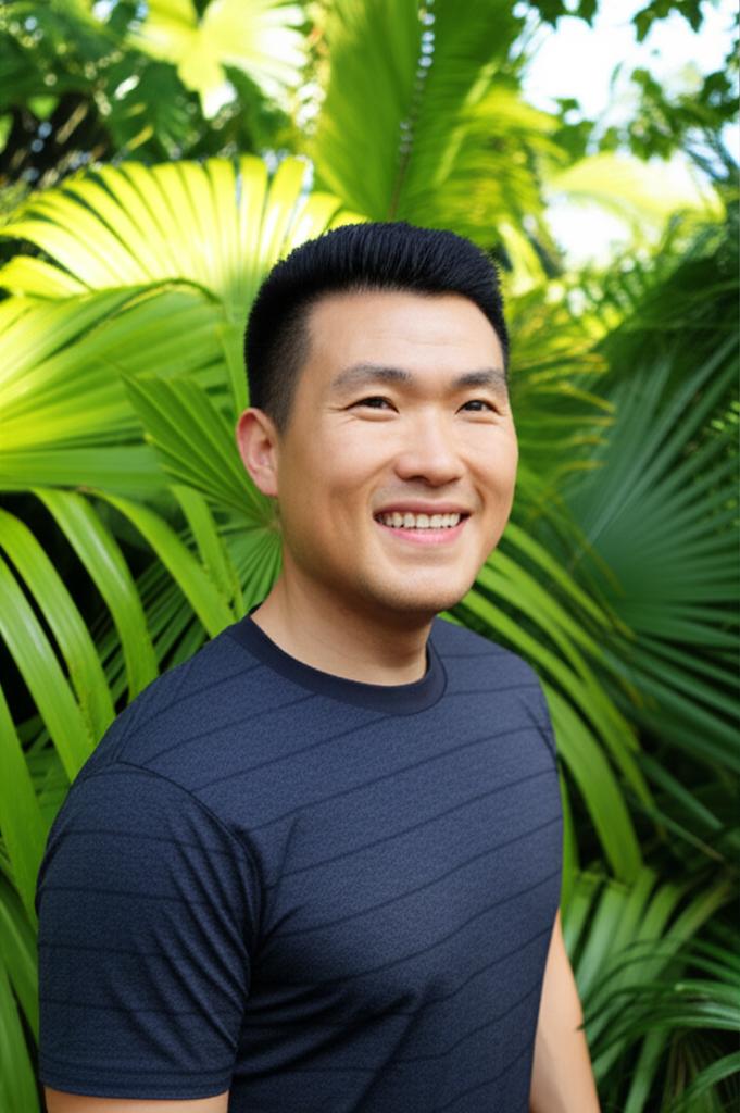 An Asian man in Singapore looking confident and healthy, perhaps exercising or enjoying nature