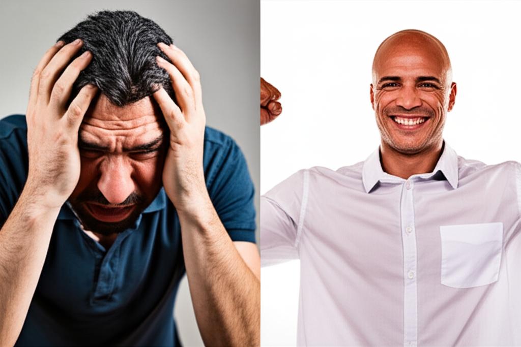 Split image: one side showing a frustrated man with head in hands, the other side showing a confident and energetic man smiling
