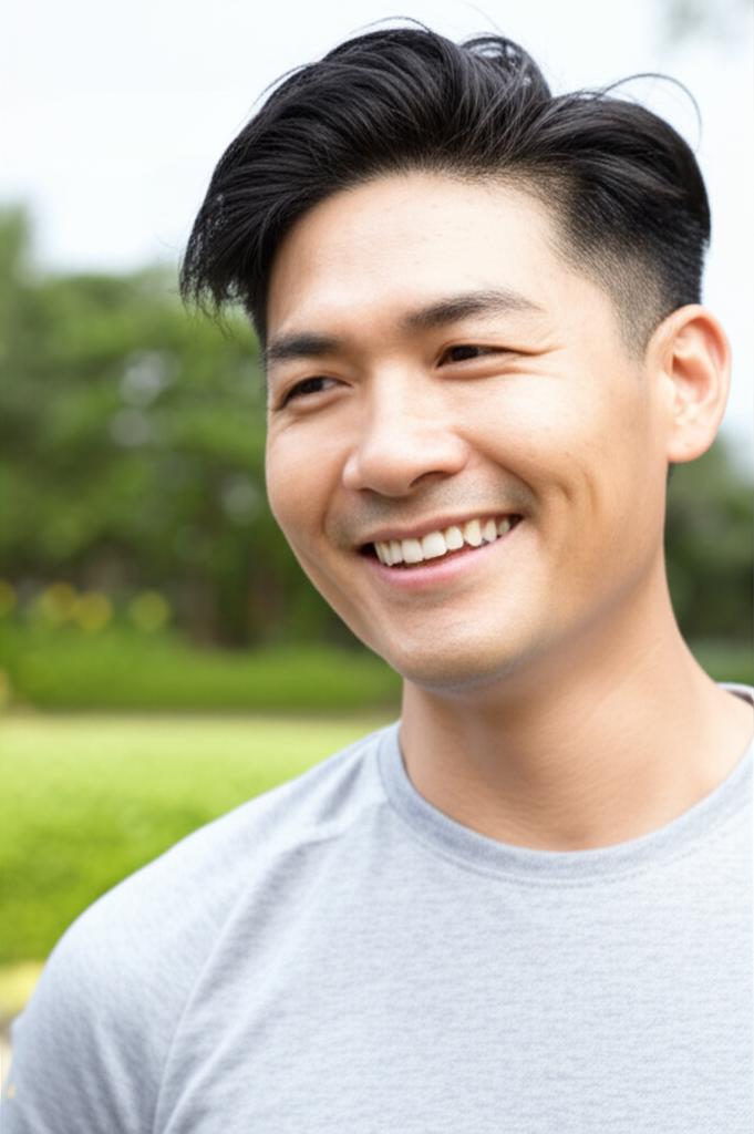 asian man looking healthy and energetic, smiling, maybe doing a light exercise outdoors