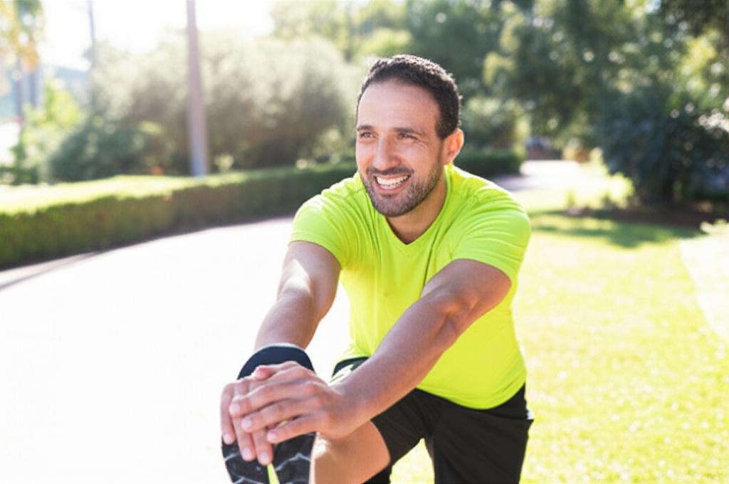 A man in his 40s looking energetic and smiling, perhaps stretching or enjoying a morning walk, bright natural light, outdoor park setting, realistic photo